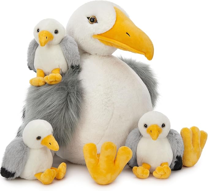 MaoGoLan 4Pcs Big Seagull Stuffed Animal with Babies Inside,17.7" Mama Seagull Plush with Three Adorable Baby Seagull Plushies for Small Hand,Beach Plush Lover Gift for Kids,Boys,Girls