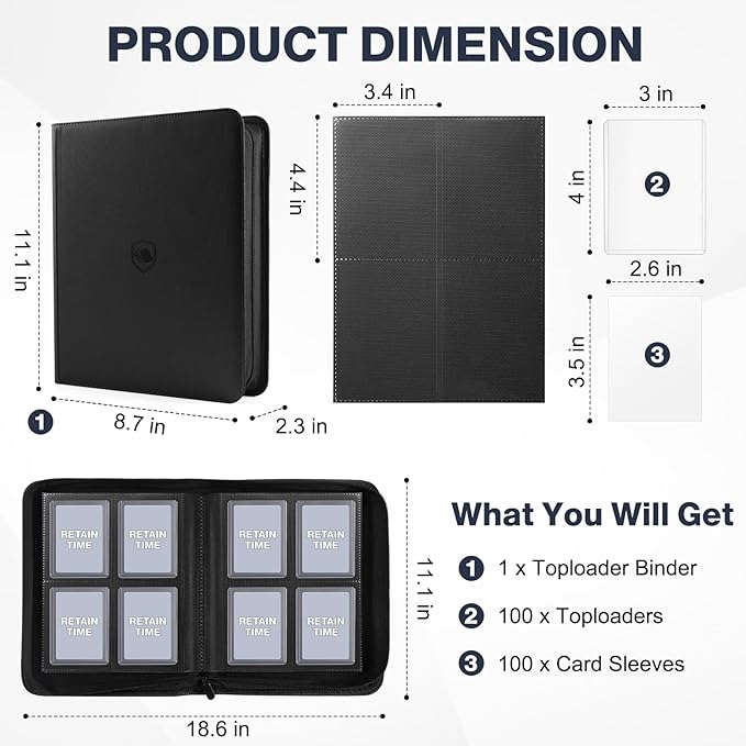 Toploader Binder, Holds 160 Toploaders, 100 Toploaders INCLUDED, 4-Pocket PU Cover Top Loader Binder for 3" x 4" Rigid Toploader, Ringless Double-Sided Toploader Card Binder for TCG, Sport Cards