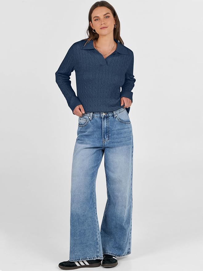 ANRABESS Womens Cable Knit Sweaters Long Sleeve V Neck | Pullover Collared Sweater Tops, Polo Knit Shirts, Business Casual Work, Tennis Golf, Fall Winter Fashion Outfits