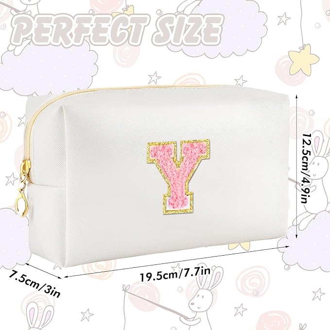 URSKYTOUS Initial Makeup Bag Personalized Preppy Travel Small Cosmetic Bag Cute PU White Chenille Letter Makeup Pouch for Purse Waterproof Zippered Toiletry Organizer for Women Girls Kids Friends (Y)