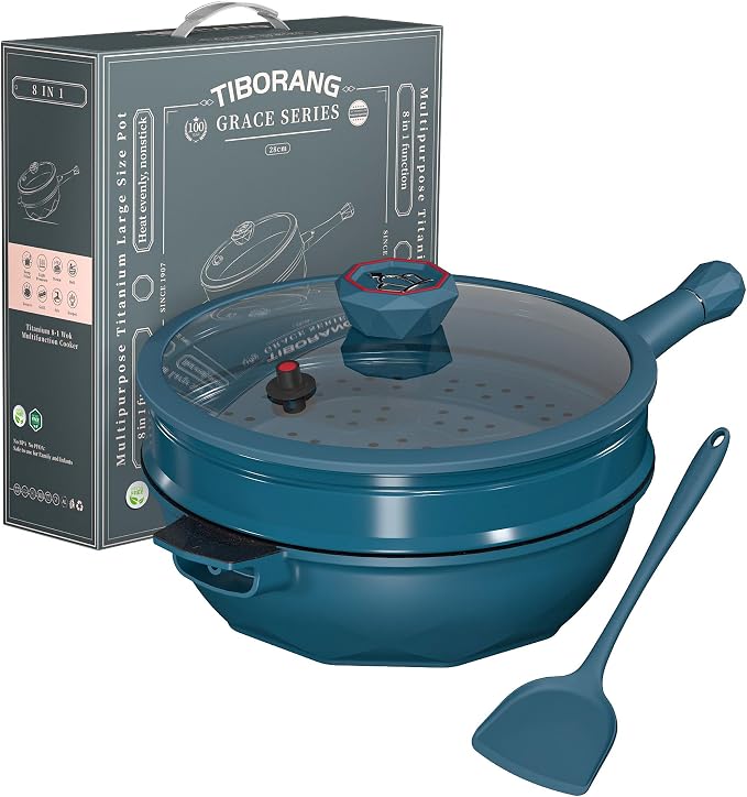 TIBORANG 11 Inch Nonstick Frying Pan with Lid,8-in-1 Multipurpose Cookware | 5 Qt Deep Sauté Pan Skillet with Steamer, PFOA-Free, Dishwasher & Oven Safe, Induction Compatible, Stay-Cool Handle,Dark Teal