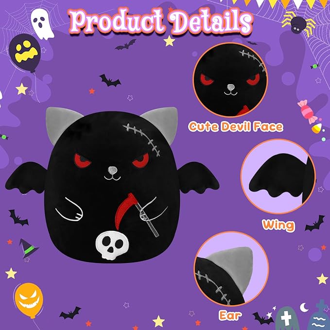 Halloween Reversible Pumpkin Plush, Soft Black Cat Stuffed Animal with Bat Wings and Skull, Halloween Plush Gift Home Decor for Boys Girls 10 Inch