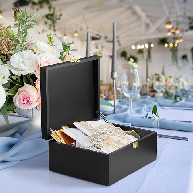 DRASTAR Large Wooden Keepsake Box, Black Memory Box, Decorative Storage Box with Hinged Lid, Large Card Box