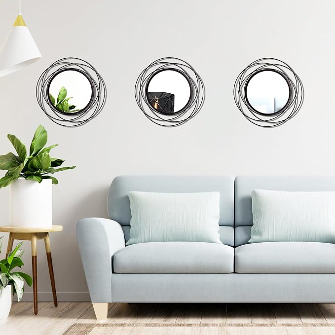 3 Set Round Mirrors for Wall Decor Living Room Bedroom Bathroom Dining Room Metal Circle Mirror Set Boho Decorative Sunburst Wall Art Accent Entryway - Black 9.5 in