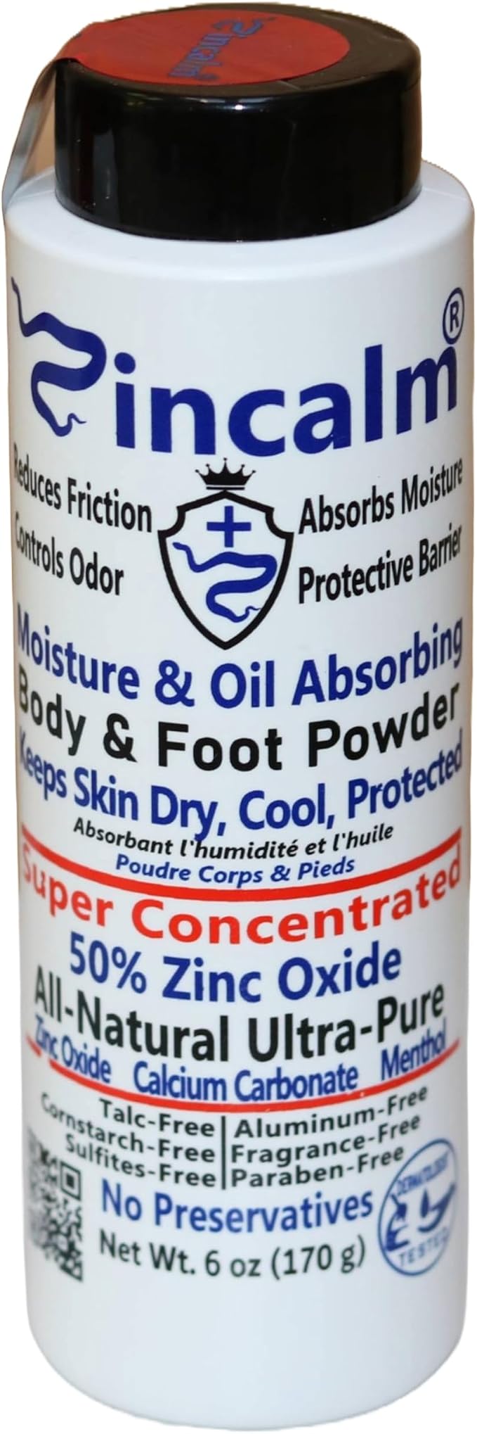 Zincalm All-Natural Body & Foot Powder, Concentrated 50% Zinc, Cornstarch-Free Moisture/Odor Absorbing Anti-Chafing/Friction, Itch Relief Formula for Dry/Cool Skin with Ultra-Pure Calcium & Menthol
