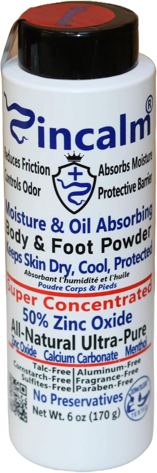 Zincalm All-Natural Body & Foot Powder, Concentrated 50% Zinc, Cornstarch-Free Moisture/Odor Absorbing Anti-Chafing/Friction, Itch Relief Formula for Dry/Cool Skin with Ultra-Pure Calcium & Menthol