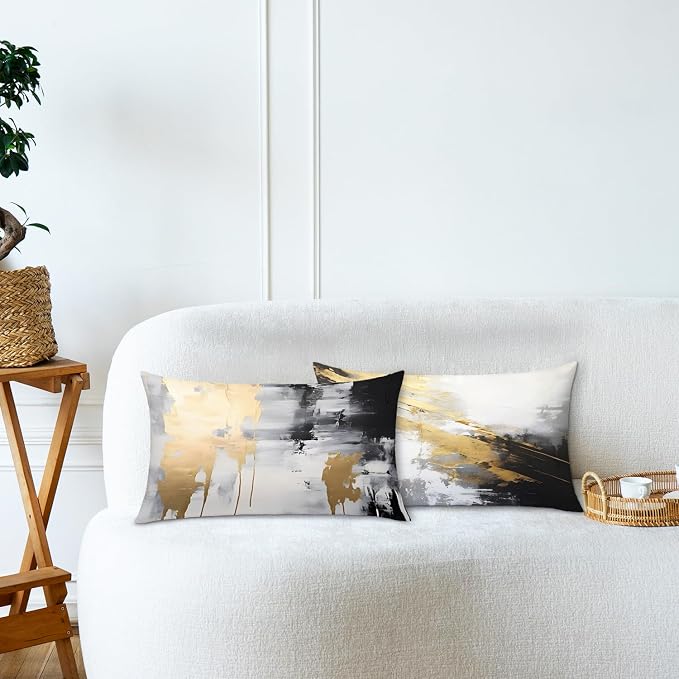 Abstract White and Gold Pillow Covers, 16x24 Set of 2, Modern Black and White for Couch, Bed, Living Room