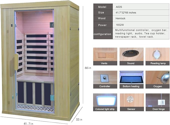 Home Infrared Sauna 2 Person Sauna Wooden Canadian Hemlock 1650W Low Emf Graphene Carbon Plate Heater Indoor Saunas Spa 41.7 * 32 * 66 inches
