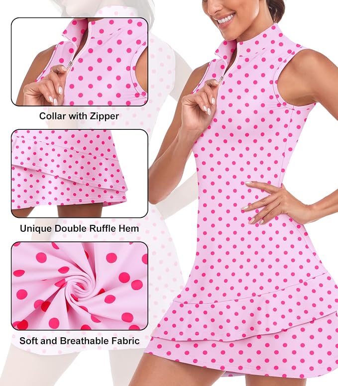 Viracy Tennis Dress for Women Sleeveless Golf Dresses with Shorts and Pockets Ruffle Zip Up Stand Collar Golf Outfits