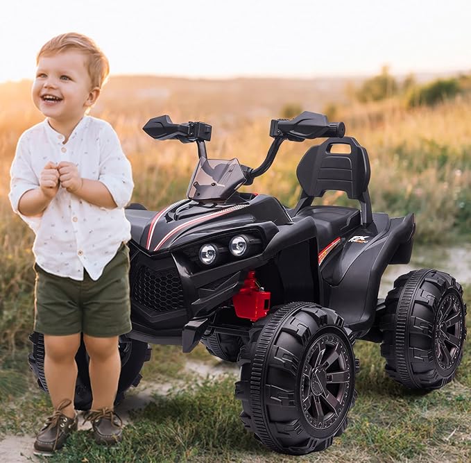 OTTARO Ride on ATV 2 Seater, 12V 4 Wheeler Electric Quad for Kids 3-8 w/ 17" Length Seat, LED Lights, 2 Speeds, Soft Braking, Rear Pedal & Backrest (Black)