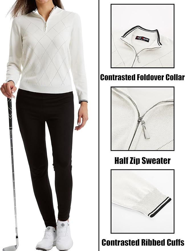 JACK SMITH Quarter Zip Pullover Sweaters for Womens, Rib Polo Sweater Tops | V Neck,Knit,Long Sleeve,Argyle,Open Pattern,Callar,Lightweight,Fashion,Golf Work Business Daily Wear Versatile Pullover Shirt