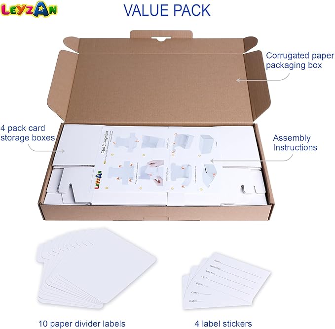 Trading-Card Storage Box, 4-Pack • 400 Count Corrugated Cardboard Storage Box with dividers & labels for TCG/Magic/Mtg Storage and Collection, 7 INCH Horizontal