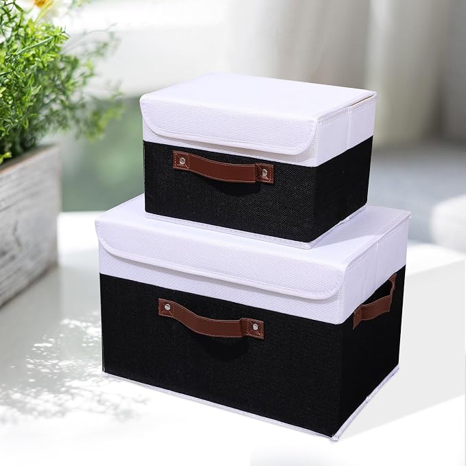 ANMINY Fabric Storage Box Bins with Lids, Black White, 13"x9"x7.9", 2 Pack | Keepsake Memory Storage, Cotton Linen, PP Board Reinforced, Washable, PU Handles, Foldable & Stackable, Decorative, Medium