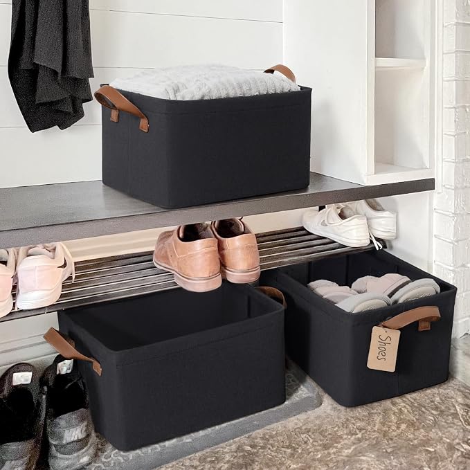 CHICVITA 4-Pack Fabric Storage Baskets for Shelves, Metal Frame, Black | 16 ¾" L x 11" W x 9 ¾" H, Collapsible Design, Clothes, Toys & Towel Storage, Bedroom & Living Room Organization