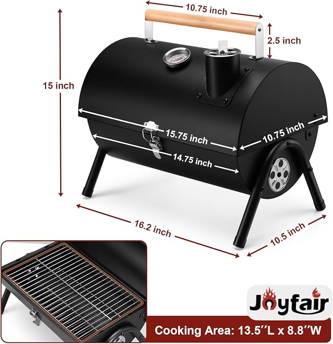 Joyfair Portable Charcoal Grill with Thermometer, Small BBQ Camping Grills | For Outdoor Backyard Party Tabletop Barbecue Cooking, Extra Thick Steel & Heavy Duty, Innovative Design & Easy Assembly