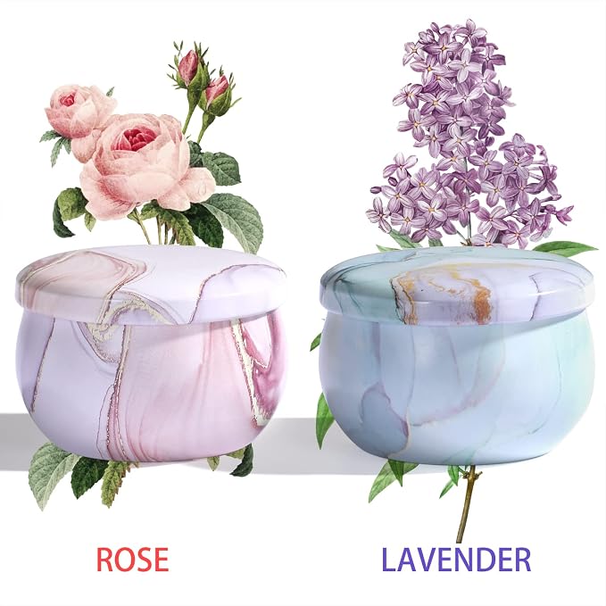 2-Pack Soy Candles Gift Set - Lavender, Vanilla, Rose Scents in Portable Tin Jars - for Home, Travel, Spa