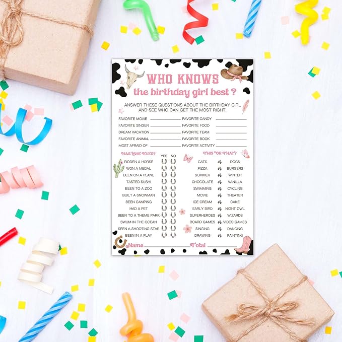 Birthday Games, Who Knows The Birthday Girl Best, 25 Cowgirl Fill-in Game Cards for Girls Sleepover Party Supplies Favors Decorations - A04