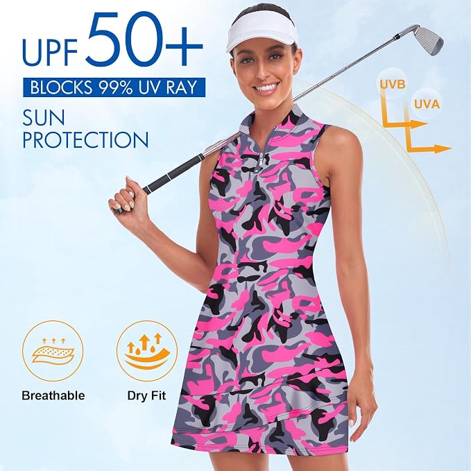 Viracy Tennis Dress for Women Sleeveless Golf Dresses with Shorts and Pockets Ruffle Zip Up Stand Collar Golf Outfits