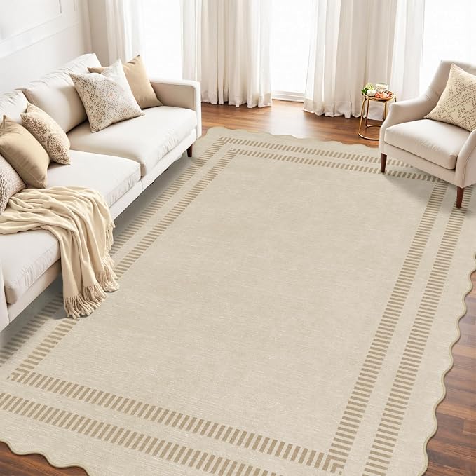 8x10 Area Rugs, Scalloped Grey Modern Living Room Rug, Solid Khaki Machine Washable Rug Non-Slip, Soft Lightweight Carpet for Bedroom Playroom Dining Room