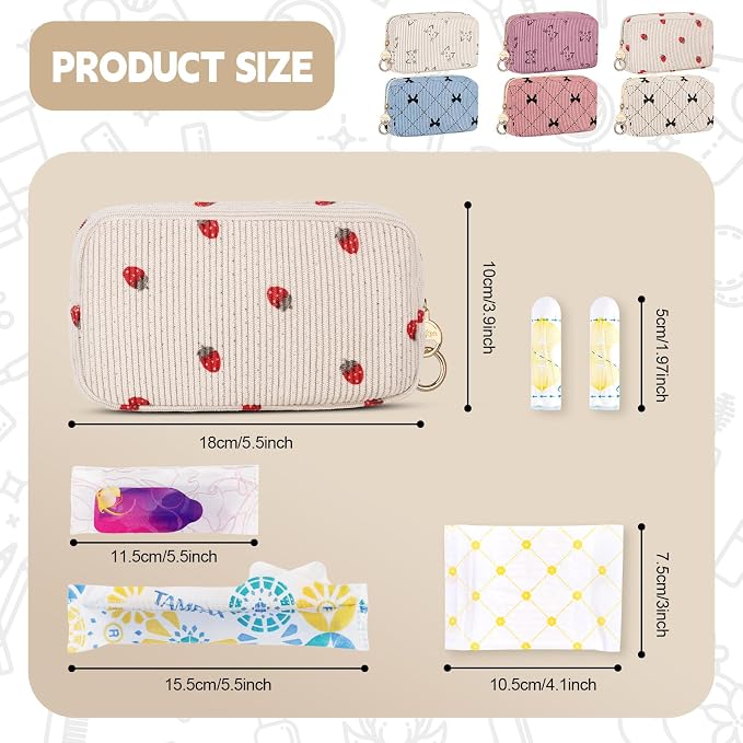 Corduroy Tampon Holder for Purse, Cute Period Bag with Ring Buckle, Portable Tampon Bag Organizer Case for Feminine Products (Cats-Beige)
