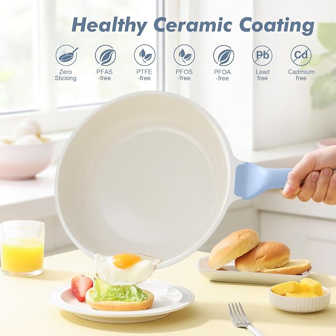 SENSARTE Nonstick Ceramic Frying Pan 9.5-Inch, Healthy Non Toxic Skillet, Induction Compatible Omelet Pan with Heat Resistant Handle, PFAS-Free, Blue