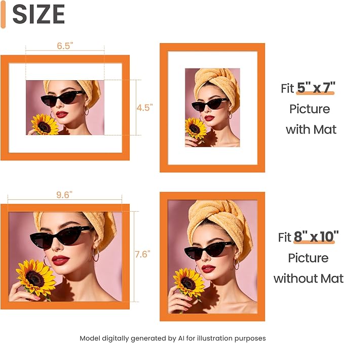 upsimples 8x10 Picture Frame, Display Pictures 5x7 with Mat or 8 x 10 Without Mat, Wall Hanging Photo Frame, Orange, 1 Pack
