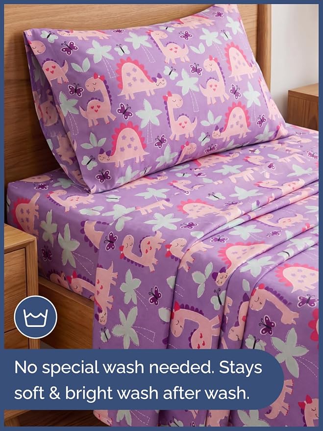 CGK Unlimited Kids Pink Dinos Twin 3 Piece Sheet Set - Boys, Girls, Teens, Toddler - Easy Fit with Deep Pockets - Soft, Cooling & Breathable Sheets - Cute, Cozy, Fade & Wrinkle Free - Machine Washable