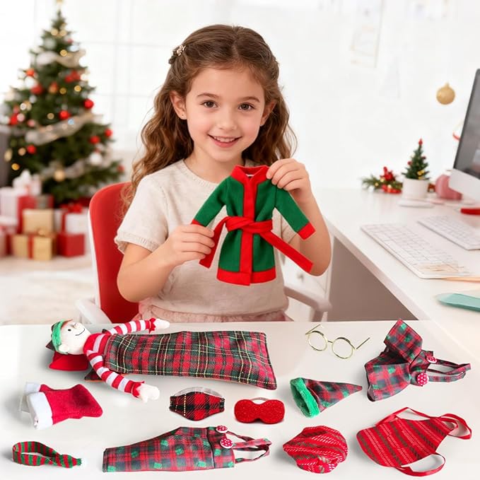 Christmas Doll Clothes Accessories Kits, 15PCS Christmas Checkered Suspender Pants & Skirt, Sleeping Bag, Bathrobe, Apron, Skirt , Glasses, Eye Mask, Scarf for Doll Holiday Decoration
