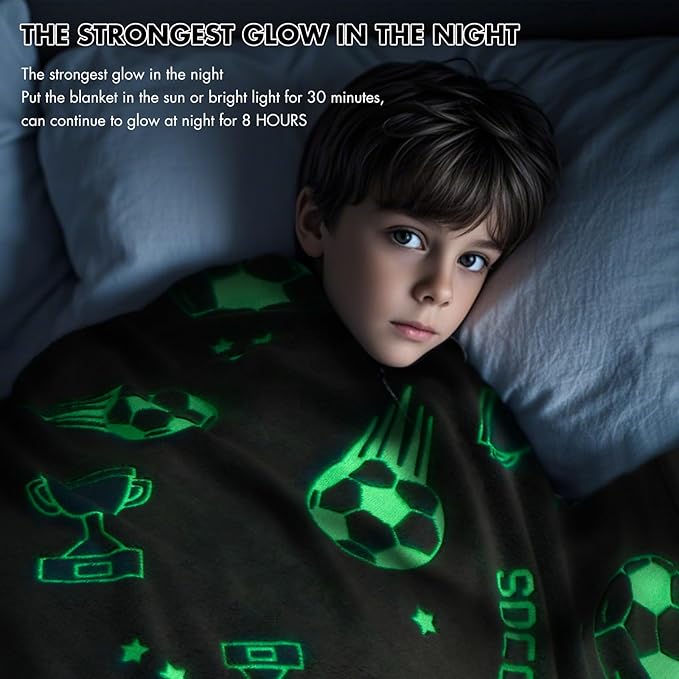 Glow in The Dark Soccer Blanket Gifts for Boys, Soft Blanket 3 4 5 6 7 8 9 10 Year Old Kids Gifts, Toddler Boys Toys Age 6-8,Gifts for Boys for Valentine's Day Birthday Gifts Presents,50"x60"