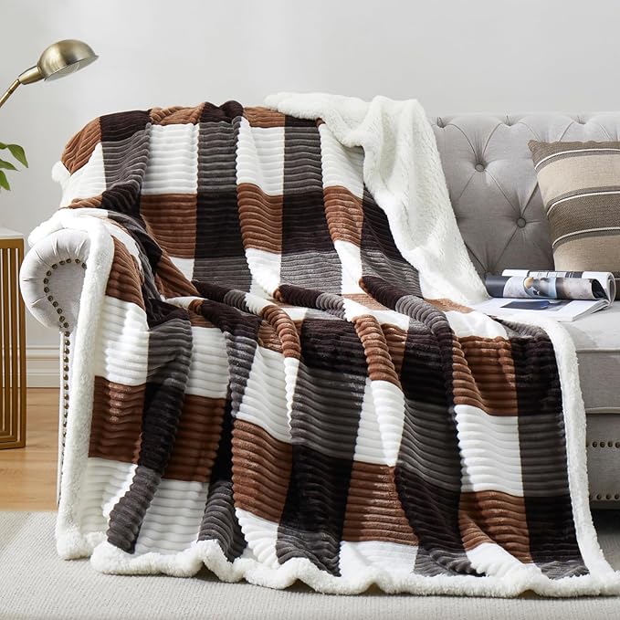 PU MEI Sherpa Blanket Twin Plaid Thick Bed Blanket, 60”*80” Super Soft Flannel Fuzzy Fleece Reversible Velvet Plush Warm Blanket for Couch(Brown-Check, 60"*80")