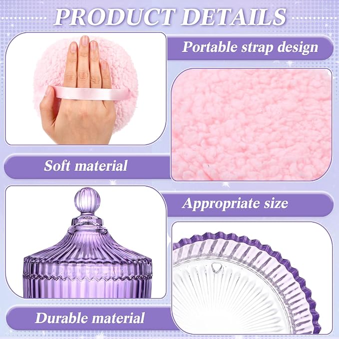 Extra Large Body Powder Puff and Container, 5.5'' Crystal Container with 5.3'' Oversize Dust Powder Puff Washable Reusable Face Body Glitter Wet Dry Makeup Gift(Purple)