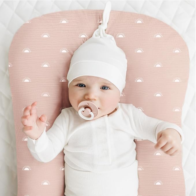 Konssy Muslin Baby Lounger Cover 2 Pack, 100% Cotton Newborn Lounger Cover, Soft and Breathable Baby Nest Slipcover for Boys Girls (Pink Sun,Khaki Leaf)