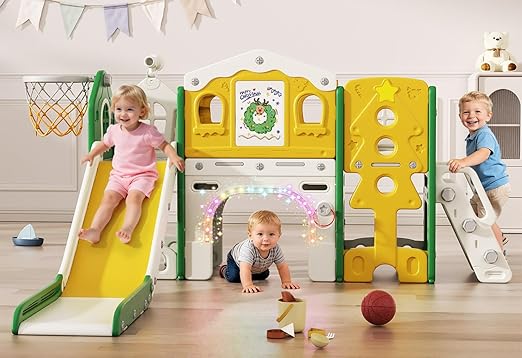 BIERUM 10 in 1 Toddler Slide Set - Baby Slide for Toddlers 1-3 with Colorful Lights, Drawing Board and Building Blocks Board, Indoor Outdoor Toddler Playset Playground, Green Yellow