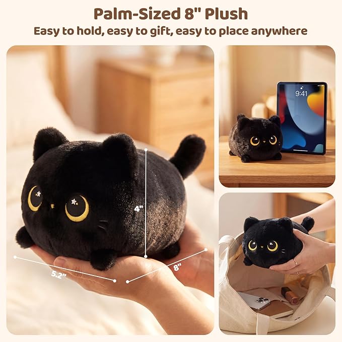 Mewaii Black Cat Plush, Cute Cat Plushies Toy, Soft Kitten Plushie Cuddle Pillow, Anime Plushie Doll, Cute Stuff Toys Gift for Girls, Boys and Males (8 Inch)