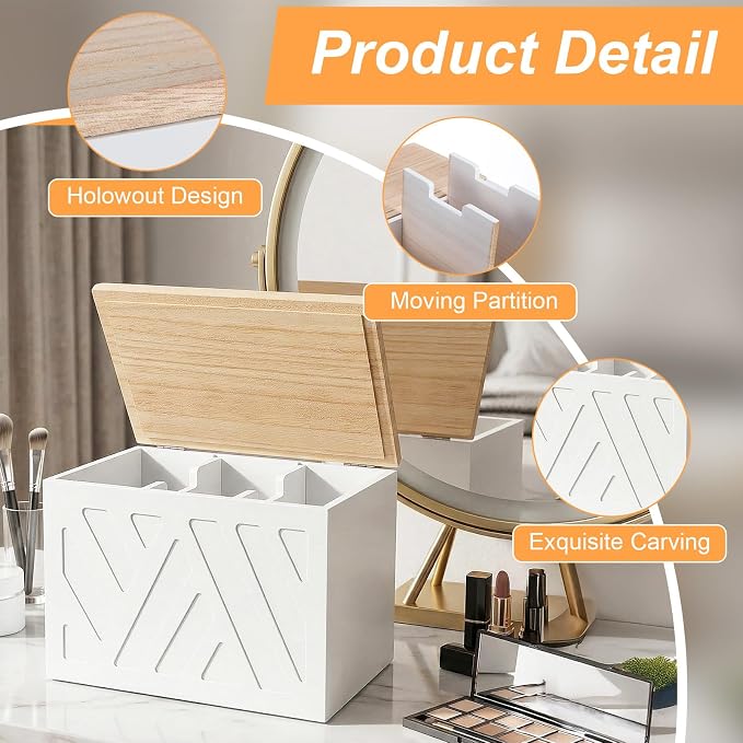 Tampon Holder for Bathroom, Feminine Products Organizer with Lid Wooden Shark Week Tampon Storage for Bathroom, Bedroom, Toilet (White)