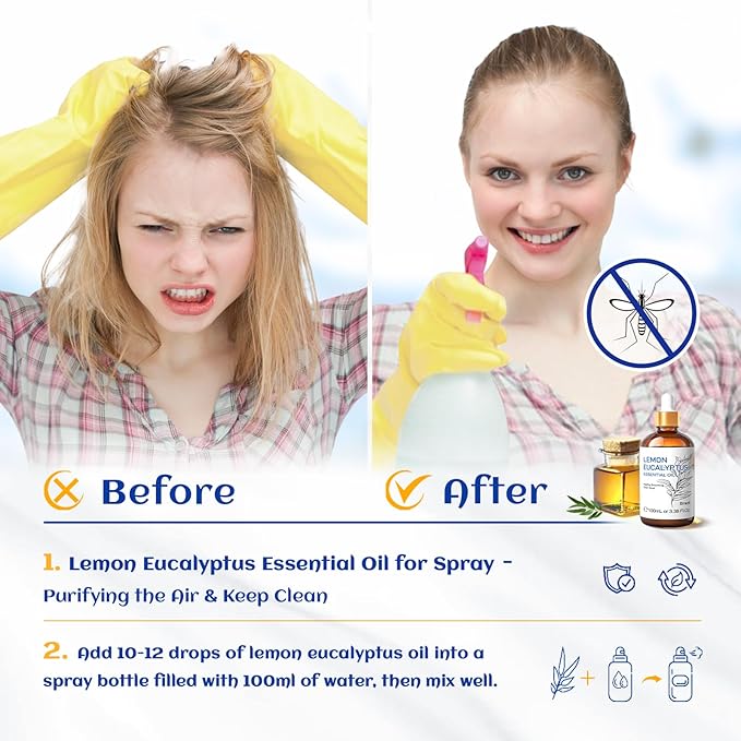 HIQILI Lemon Eucalyptus Oil, for Spray, Diffuser, Indoors, Outdoors, Garden, Yard - 3.38 Fl Oz