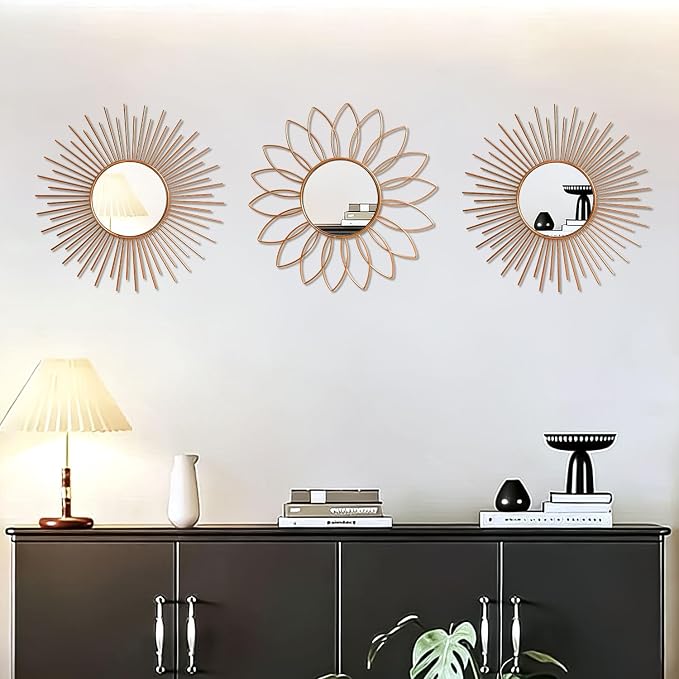 3 Pack Metal Mirrors for Wall Sunburst Wall Mirrors Home Décor Decorative Hanging Wall Art for Living Room Bedroom Entryway (Rose Gold2, Flower+Sunburst)