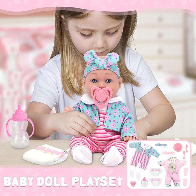 UNICORN ELEMENT 12 Inch Baby Doll and Clothes and Accessories，inches 12 inch New Born Vinyl Baby Dolls, 2 Sets of Doll Clothes, Diapers, Feeding Bottle, Pacifier, Toddlers 3+ Years