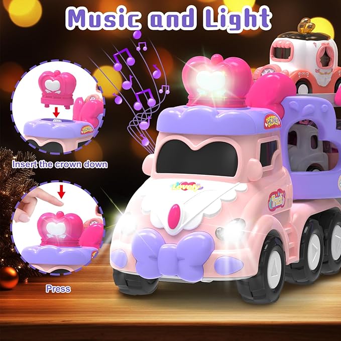 Car Toys for 2 3 4 5 6 7 Year Toddler Girl,Princess Carrier Truck with Sound & Lights,Christmas Birthday Gifts for Kids Girls Age 3-12