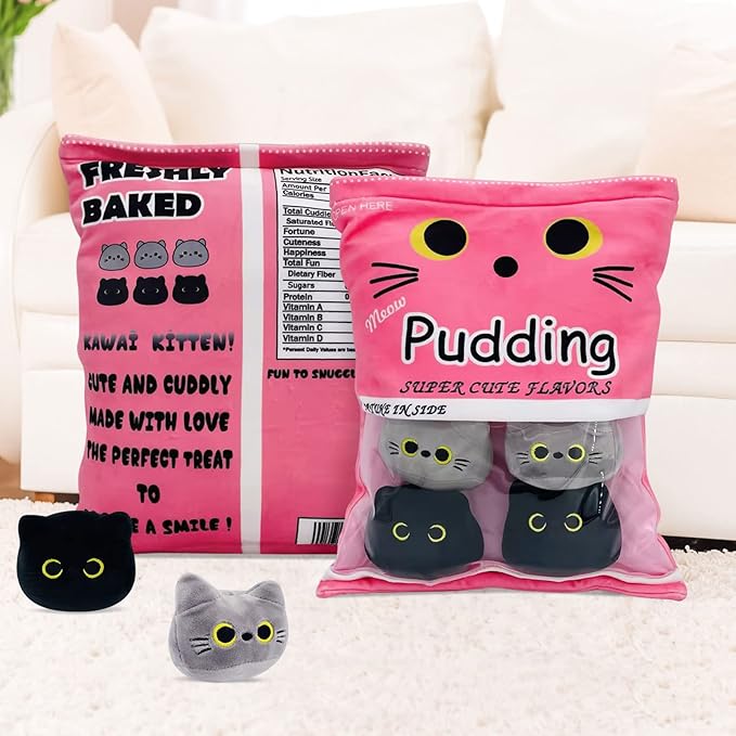 Cute Black Cat Plush Toy, Removable Stuffed Animal Plush Dolls, Soft Cute Gray Cat Plush Pillow Throw Pillow Home Decoration Gift for Kids Girls (6pcs a Bag, Pink)