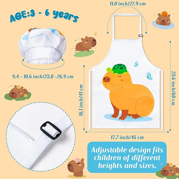 R HORSE Kid Apron and Chef Hat Set - 2Pcs Capybara Adjustable Children Kitchen Apron Dress up Role Play Chef Toy Kid Cooking Gift Birthday for Kids Cooking Baking Painting and Training