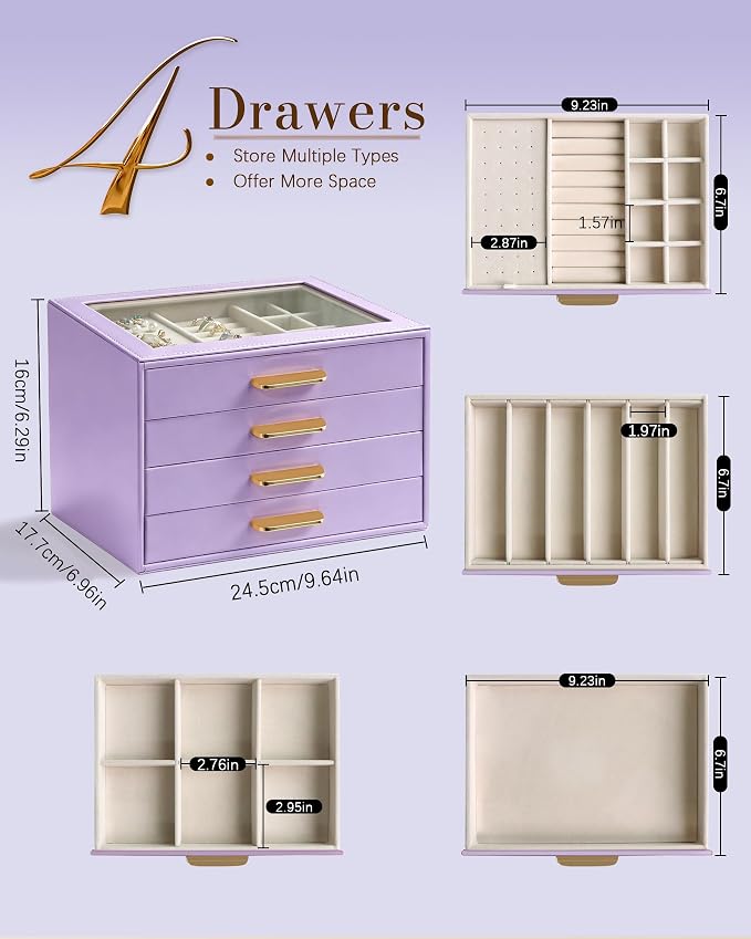 Homeanda Jewelry Boxes Organizer with Glass Lid, 4-Layer PU Leather, Purple | Modern style display case with 4 drawers for daily jewelry, women, mom or girl gift