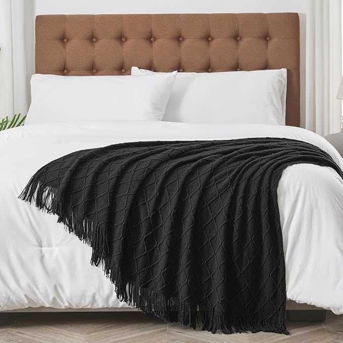 inhand Black Knitted Throw Blanket for Couch and Bed, 50"x60" | Soft Cozy Knit Blanket with Tassel, Lightweight Decorative Blankets and Throws, Farmhouse Warm Woven for Men and Women