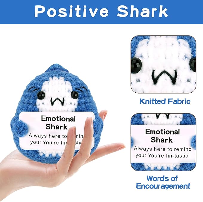 Hoedia Handmade Emotional Pickle Gift, Cucumber Crochet Doll Inspirational Gifts with Cards, Cute Knitted Funny Support Pickle Potato Friend Birthday (Emotional Shark)
