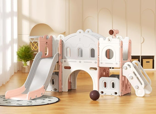 YUFU 8 in 1 Kids Slide for Toddlers Age 1-3, Kids Playset with Basketball Hoop and Ball, Indoor Outdoor Playground