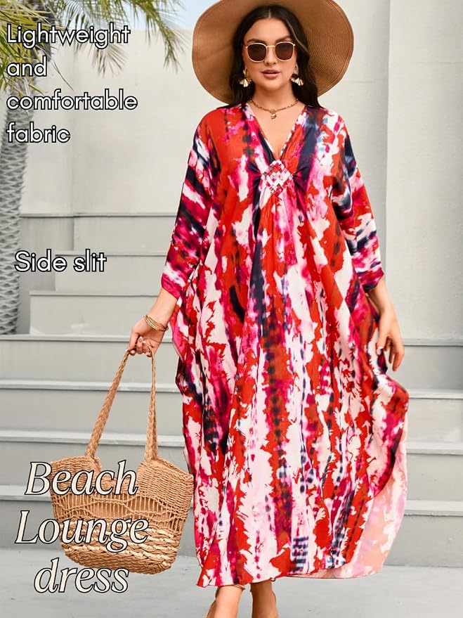 ChiaoLezhee Print Moo-Moos for Women, Kaftan Cover-Up Dresses, Sexy V-Neck High-Slit, Beach Pool-Party Coverups Muumuu Plus