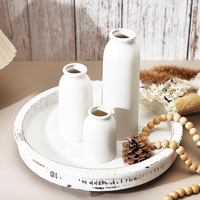 White Ceramic Vases Set of 3, Small Flower Decorative Vase Waterproof | Farmhouse Vases for Pampas Grass & Dried Flowers, Rustic Vase for Table Bookshelf, Living Room