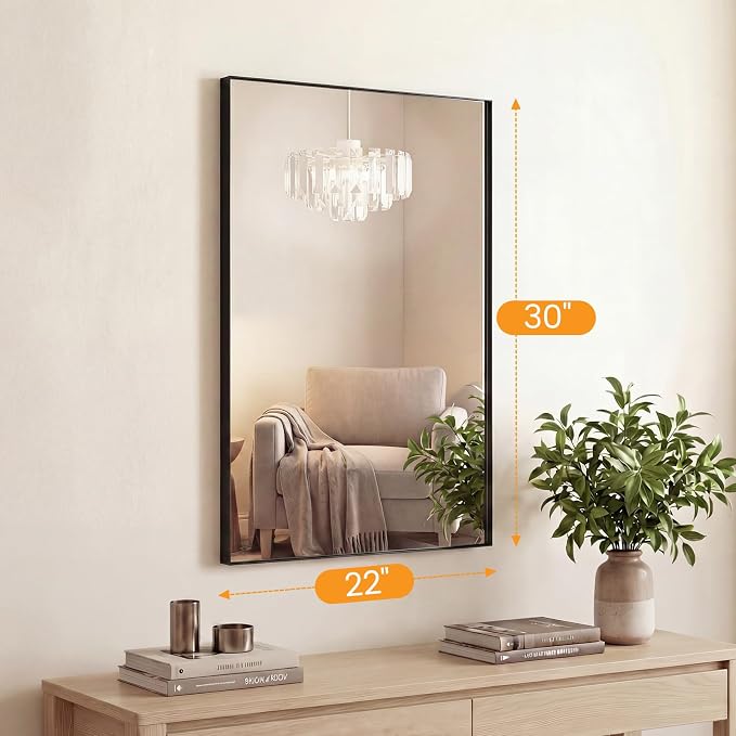 Sweetcrispy Bathroom Mirrors for Over Sink, 22" x 30" Rectangle Wall Mount Mirror with Metal Frame, Modern Vanity Mirror with Tempered Glass, for Home Decor, Anti-Rust, Black