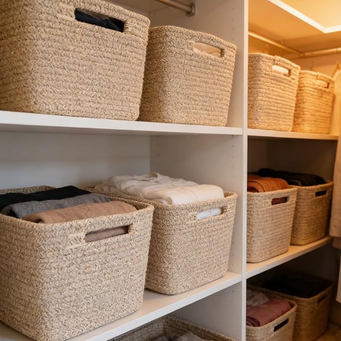 6 Pack Woven Rope Baskets, 12.6"×9"×7.8" Storage Bins, Brown | Storage Boxes for Toys, Books, Towels, Clothes, Shelf Baskets Organizer,Empty Gift Baskets for Living Room, Bathroom, Bedroom