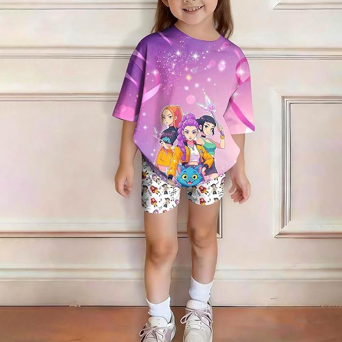 K-POP DEM0N Hunters Outfits for Girls, 2 Piece T-Shirts and Apparel Sets Birthday Gift